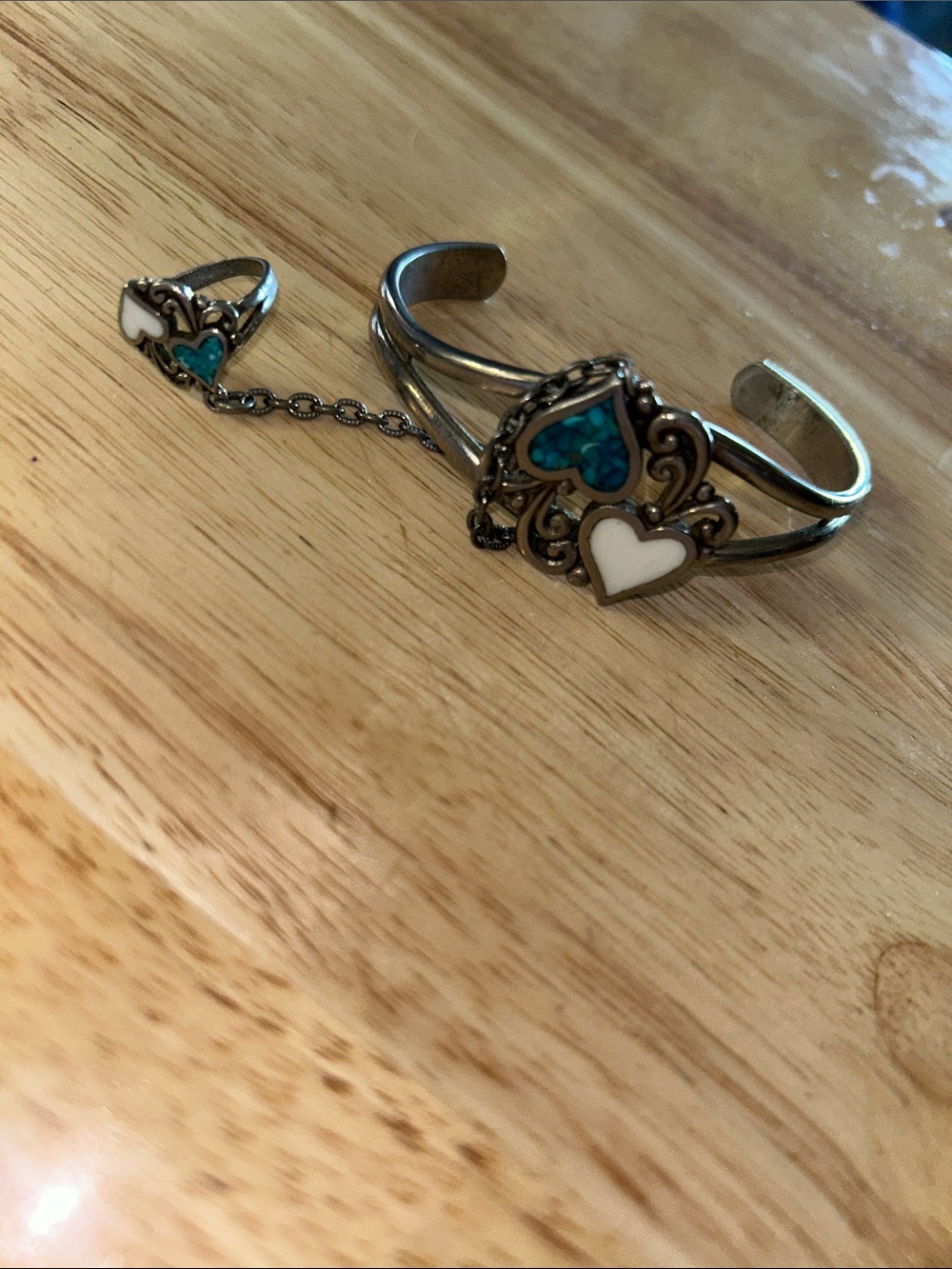 Silver-Tone Heart Bracelet and Ring Handchain with Turquoise and White Hearts